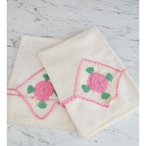 Vintage Pillowcase Set Hand Crocheted Fancy Work Pink Rose Floral
